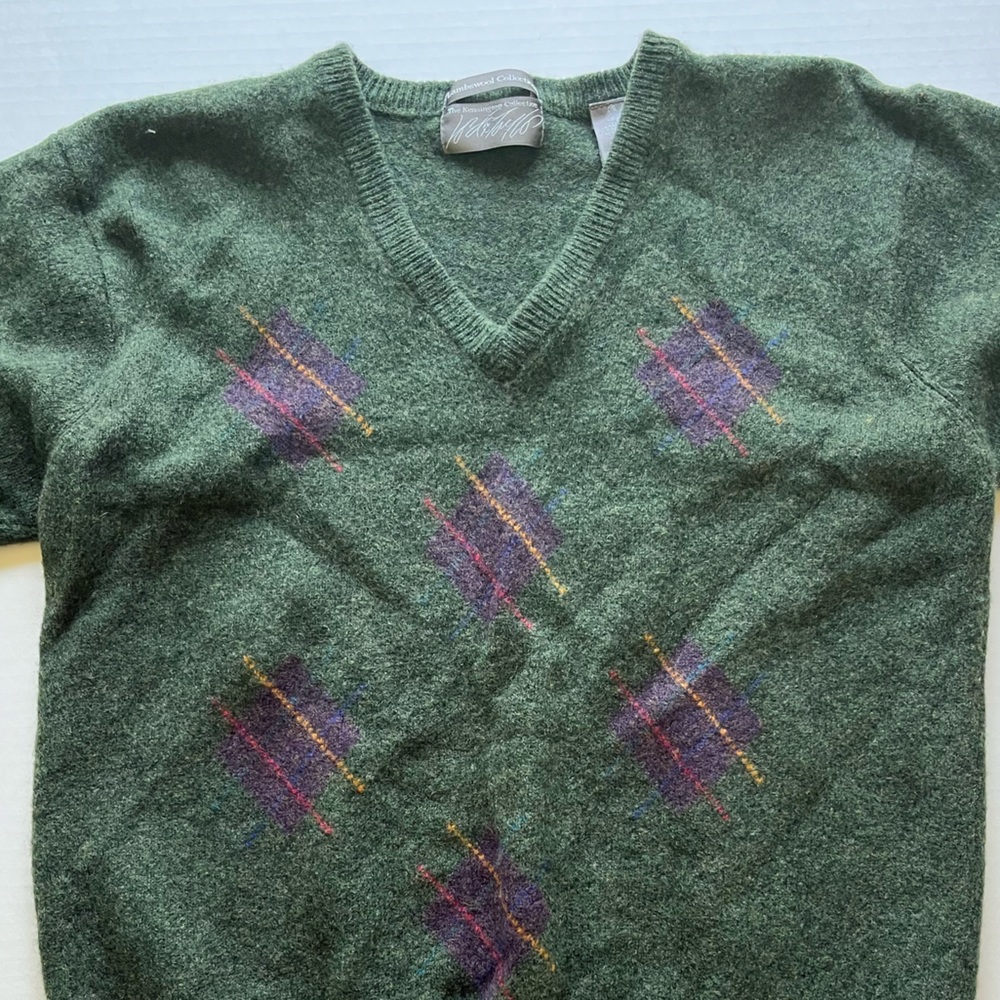 Lord & Taylor The Kensington Collection Lambswool Green Argyle V-Neck Sweater L - Picture 4 of 13